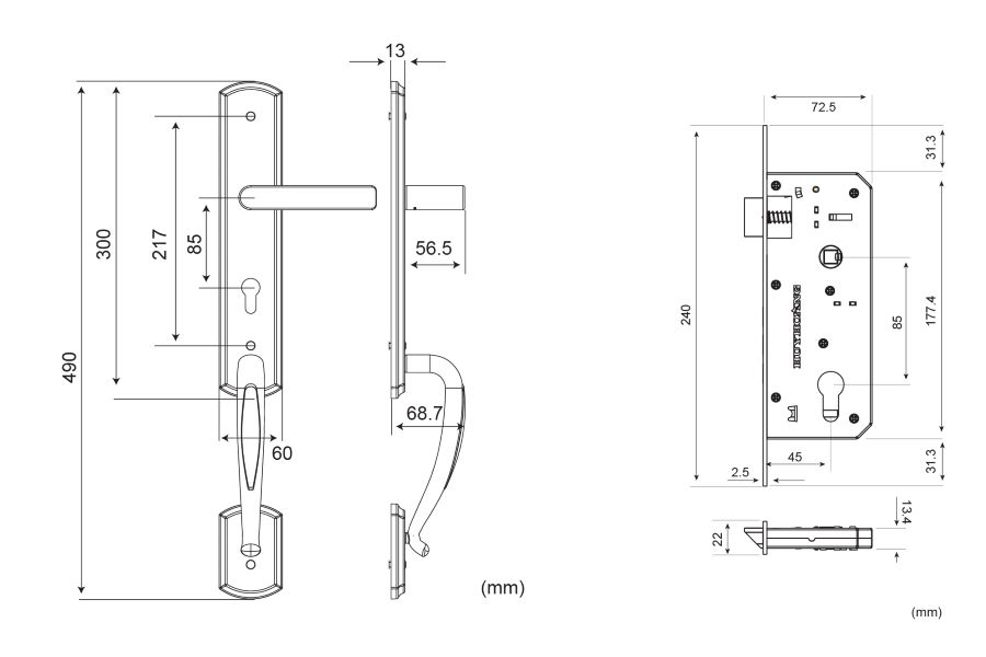 Bản vẽ kỹ thuật kh&oacute;a cửa SS-8510-ĐS